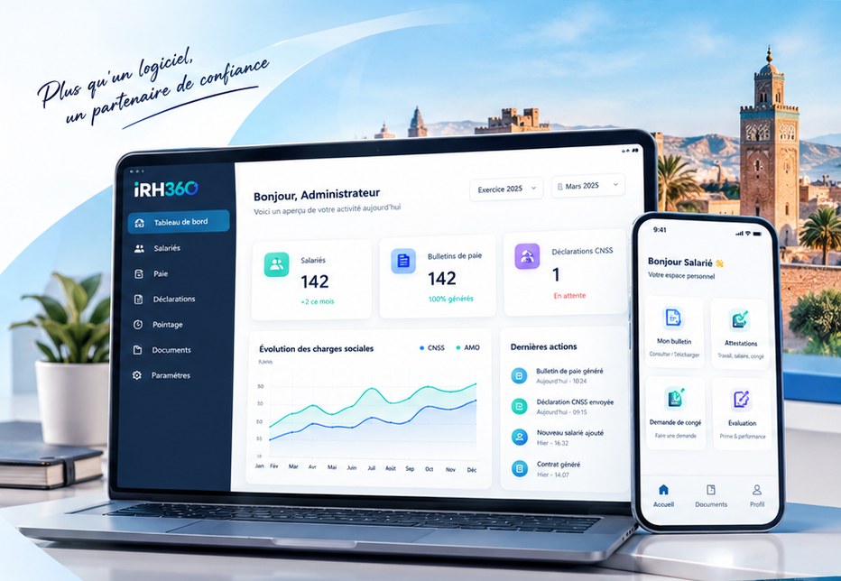 iRH360 sur ordinateur et sur téléphone : tableau de bord de l'entreprise et espace salarié